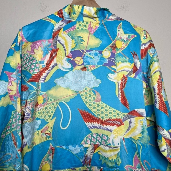 Natori Women Kimono Robe Medium‎ Satin Longline Duster Floral Crane Blue Yellow - Picture 3 of 9